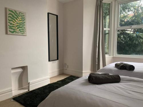 a bedroom with two beds and a mirror on the wall at Central 2 bed flat with off street-parking in Bristol