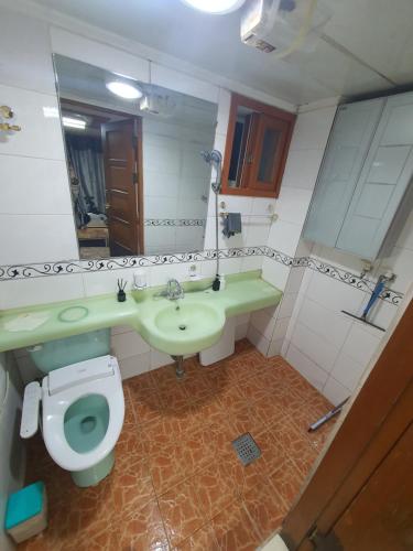 ein Badezimmer mit einem grünen Waschbecken und einem WC in der Unterkunft Seoul room ONLY GIRLS in Seoul