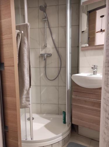 une salle de bain avec douche et lavabo dans l'établissement Studio Paris, à Paris