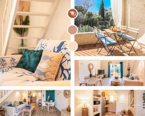 un collage de photos d'un salon et d'une salle à manger dans l'établissement SANVIVISA Cosy - Calme - Terrasse, à Grimaud