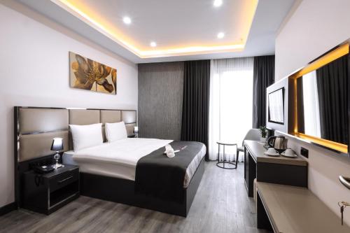 ein Hotelzimmer mit Bett und Schreibtisch in der Unterkunft Meyzi Hotel in Istanbul