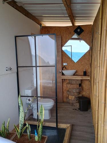 a bathroom with a glass shower and a toilet at COCOZNA Glamping in Norcasia