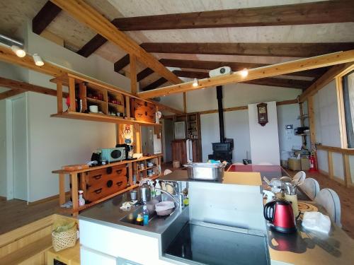 eine Küche mit einer Spüle und einer Arbeitsplatte in der Unterkunft 能登島ゲストハウスうたたね in Nanao
