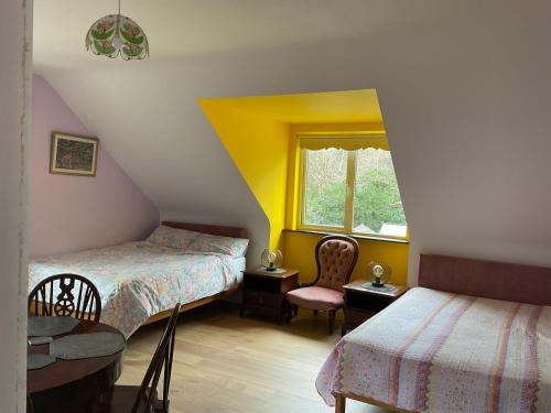 a attic room with two beds and a window at Victoria's house in Kells