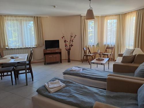 a living room with a couch and a table at Apartment 322, Villa Park in Borovets