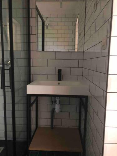 une salle de bain avec un lavabo blanc et un miroir dans l'établissement Studio independant dans maison basque, à Bassussarry