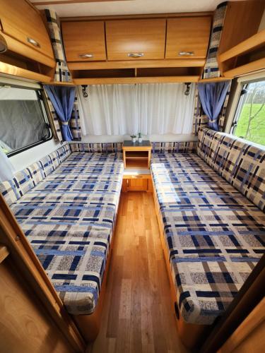 利赫騰福德的住宿－Ruime caravan op gezellige minicamping，中间有沙发的空公共汽车