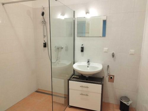 a bathroom with a sink and a glass shower at Ferienzimmer Reinisch in Tattendorf in Tattendorf