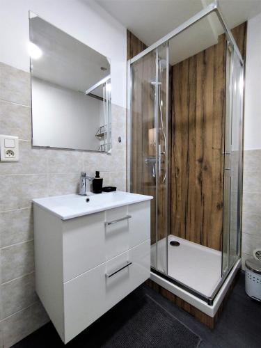 une salle de bain avec un lavabo blanc et une douche dans l'établissement Appartement à 150 m de la cathédrale, à Rodez
