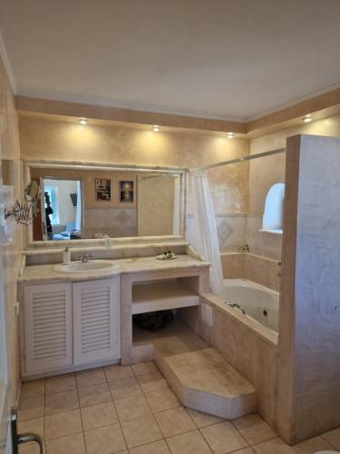 a bathroom with a sink and a bath tub at Nasur in Éxo Goniá