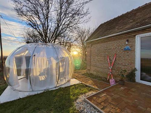 a clear igloo sitting in the grass next to a house at Buby - végtelenbe és tovább in Szigetvár
