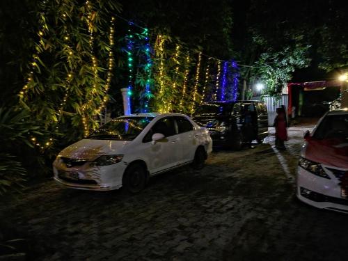 une voiture blanche garée dans une rue aux lumières de Noël dans l'établissement Avanya Hotel And Reception Hall, à Angunakolapelessa