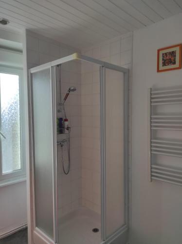 um chuveiro com uma porta de vidro na casa de banho em Enchanté ! Chambres d'hôtes Brocéliande em Mauron