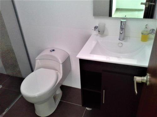 La salle de bains est pourvue de toilettes blanches et d'un lavabo. dans l'établissement Gaira Apartamento Amoblado Bucaramanga, à San Gil