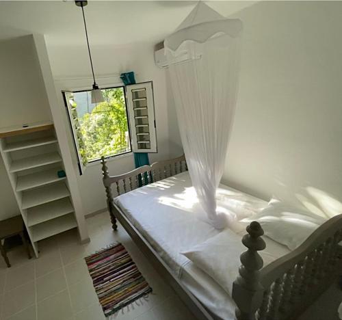 sypialnia z łóżkiem z baldachimem i oknem w obiekcie Appartement à Didier w mieście Fort-de-France