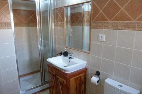 een badkamer met een wastafel, een douche en een toilet bij El Farolillo de Piedra in Montejo de Tiermes