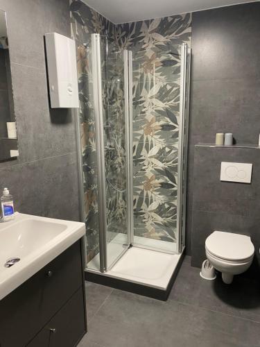 a bathroom with a shower with a toilet and a sink at Ferienhof Kröger in Bielefeld