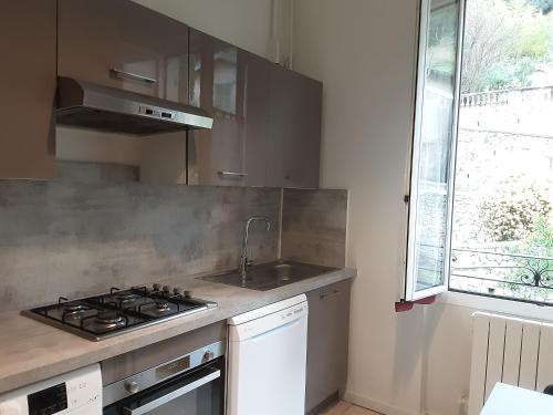 Il comprend une cuisine équipée d'une cuisinière et d'un évier. dans l'établissement maison les lilas, à Menton