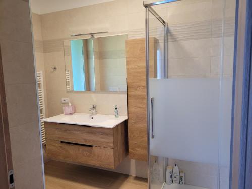 a bathroom with a sink and a shower with a mirror at PARADISE VILLA VISTA LAGO DI COMO A MENAGGIO in Menaggio