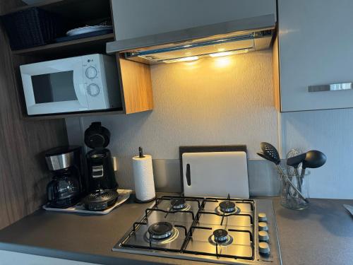 a kitchen counter with a stove and a microwave at Prachtig chalet DE WADLOPER in Westerland
