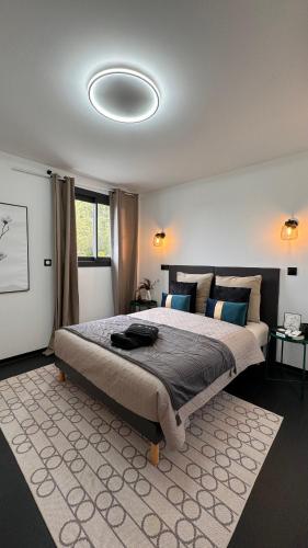 une chambre avec un grand lit avec un tapis dans l'établissement Maison d'Exception pour un Séjour Inoubliable, à Villetelle