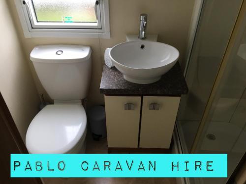 a bathroom with a toilet and a sink and a window at 3 Bedroom 8 Berth Caravan Towyn in Rhyl