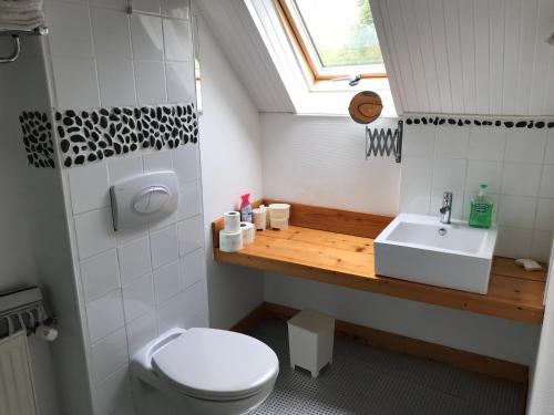 a bathroom with a toilet and a sink and a window at La Longre in Cerisy-la-Forêt