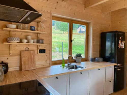 ザボヤにあるBabiogórskie klimatyのキッチン(シンク付)、窓が備わるキャビンです。