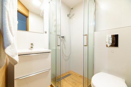 a bathroom with a shower and a toilet at Willa Karol in Karwia