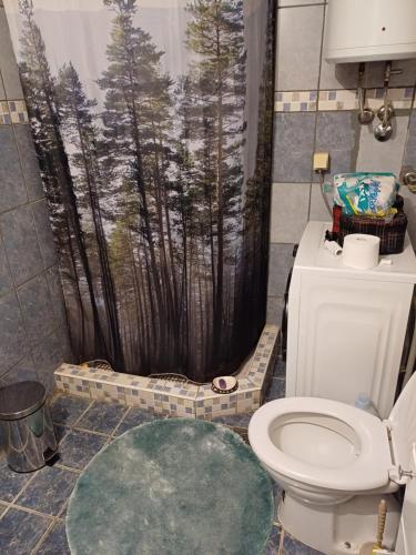 a bathroom with a toilet and a shower curtain with trees at Himber Rooms in Sarajevo
