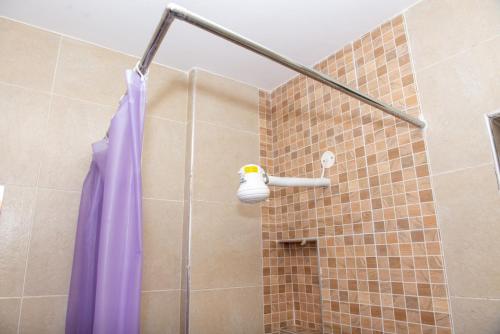 La salle de bains est pourvue d'une douche avec un rideau de douche violet. dans l'établissement WEST SUITE NEWLY FURNISHED APARTMENT, à Nairobi