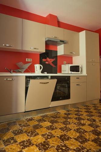 a kitchen with a stove and a microwave at Les Arcades Le Lion D'or in Buis-les-Baronnies