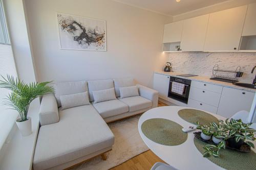 uma sala de estar com um sofá e uma mesa em Express Premium apartments - city center em Tartu