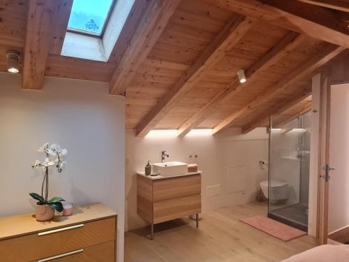 a bathroom with a sink and a shower at La corte Antey Maison De Emilie in Antey-Saint-André