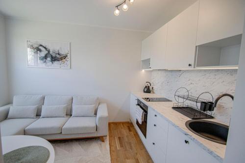 a living room with a couch and a sink in a kitchen at Express Premium apartments - city center in Tartu