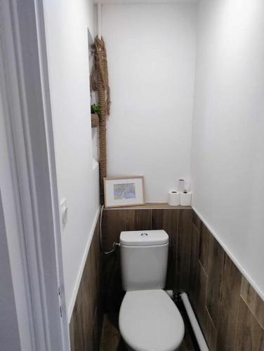 La salle de bains est pourvue de toilettes blanches. dans l'établissement Superbe studio rénové proche Métro avec garage, à Oullins