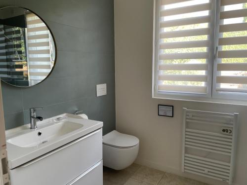 een badkamer met een wastafel, een toilet en een spiegel bij La Petite Rive - Les Oliviers in Velleron