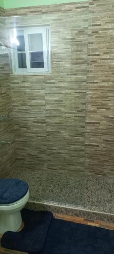 a bathroom with a shower with a toilet and a window at Mansfield Inn Ocho Rios in Ocho Rios