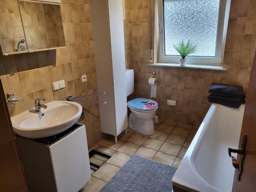 a bathroom with a sink and a toilet and a window at Komfortable Monteurswohnung in Gutenacker
