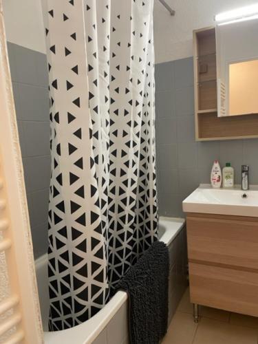 La salle de bains est pourvue d'un rideau de douche blanc et d'un lavabo. dans l'établissement Toulouse studio-Croix Daurade, à Toulouse