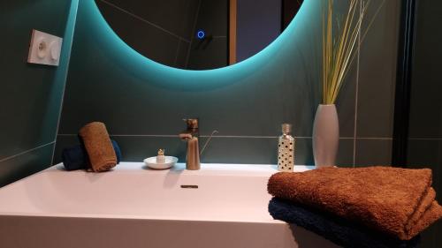 a bathroom with a bath tub with a mirror at Duplex Luxe avec parking Sarlat centre in Sarlat-la-Canéda