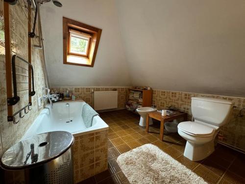 ein Badezimmer mit einer Badewanne, einem WC und einem Waschbecken in der Unterkunft Mountain Adventure Base - Vienna Alps in Graben