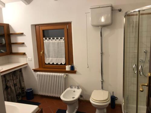 ein Bad mit einem WC, einem Waschbecken und einer Dusche in der Unterkunft Casa Borc di Nelle in Attimis