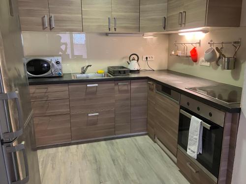 una piccola cucina con armadi in legno e lavandino di Apartma Katja a Škofja Loka