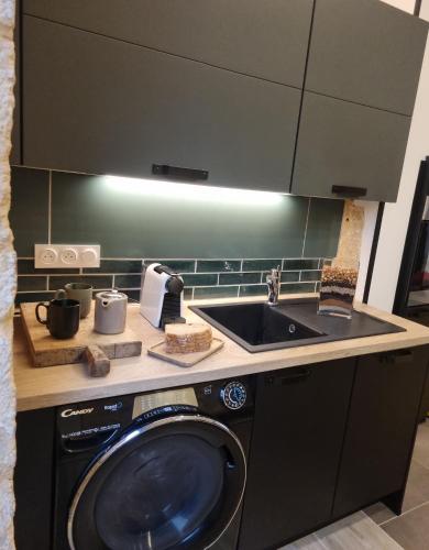 une cuisine avec une machine à laver et un évier dans l'établissement Duplex Luxe avec parking Sarlat centre, à Sarlat-la-Canéda
