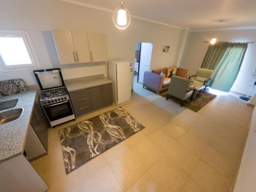 an aerial view of a kitchen and living room at Blue Residence Dahab in Dahab
