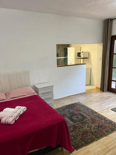 a bedroom with a bed with a red blanket at Becas House in Sao Paulo
