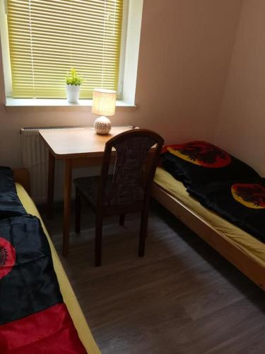 a bedroom with a table and a chair and a window at Ferienwohnung Augustastraße Neustrelitz in Neustrelitz