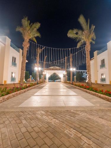 a walkway with palm trees in front of a building at Blue Residence Dahab in Dahab