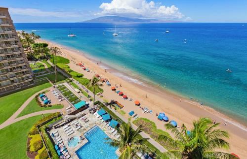 an aerial view of a beach and the ocean at The Whaler By Maui Resort Rentals in Lahaina